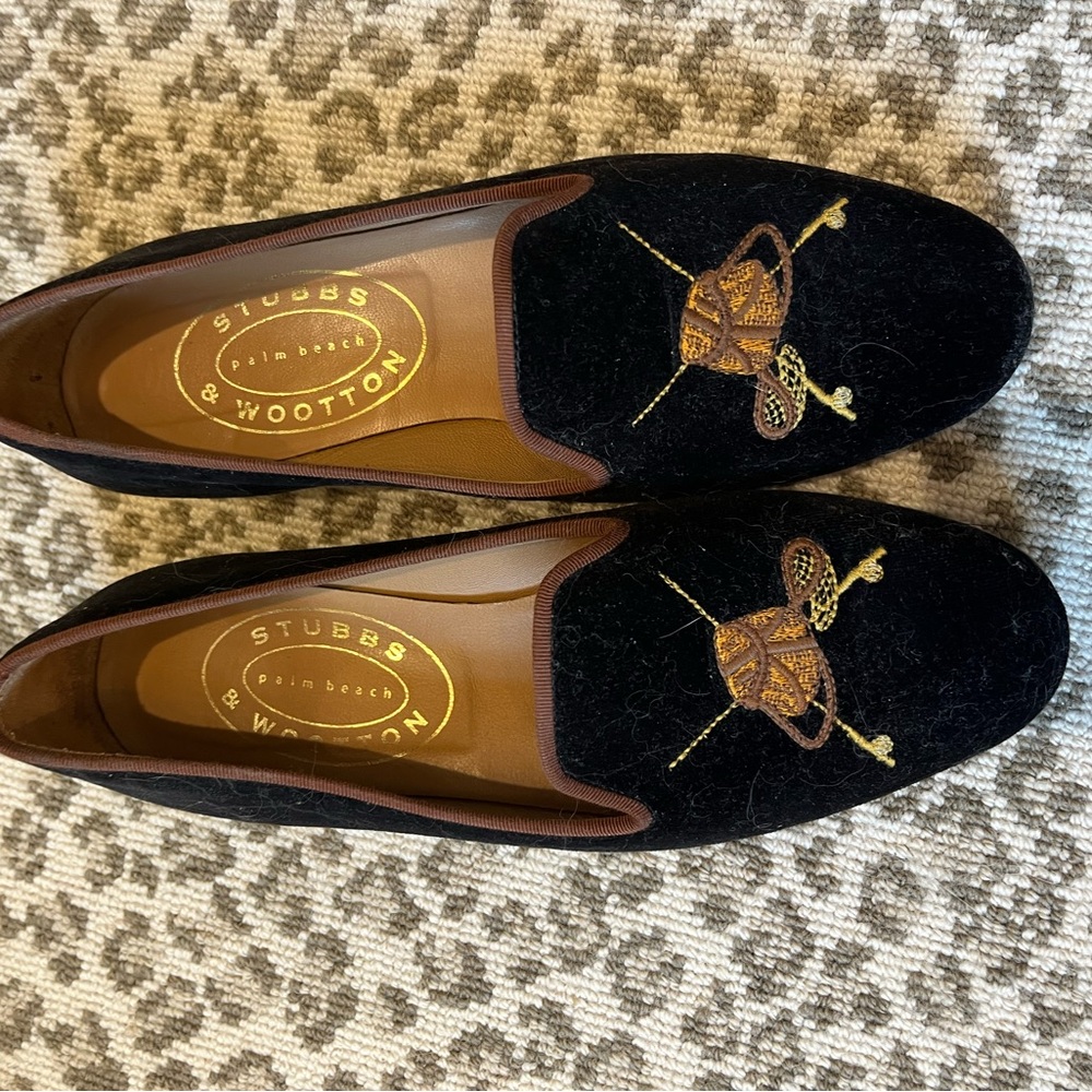 Stubbs & Wooten. Black velvet monogrammed loafer.